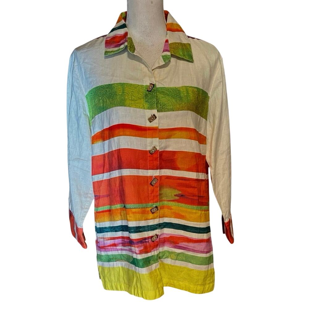 John Mark Size M Linen Tunic Top Striped Watercolor Button Front Fringe